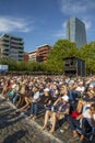 People enjoy the open air festival with the HR synphony orchestra at the Weseler werft in Frankfurt