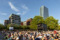 People enjoy the open air festival with the HR synphony orchestra at the Weseler werft in Frankfurt