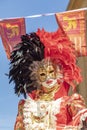 people enjoy the performance at the The Mirabelle Plum Festival in Metz, France. people in venetian costumes perform a parade