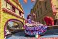 people enjoy the performance at the The Mirabelle Plum Festival in Metz, France. people in venetian costumes perform a parade