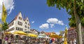 People enjoy a summer day at Market Place of Oppenheim, Germany during the corona season Royalty Free Stock Photo