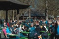 People enjoy a wonderful sunny winter day with a cool fresh Bavarian beer in a beer garden.