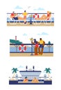 People enjoying cruise vacation, set of landscapes - flat vector illustration on white background. Royalty Free Stock Photo