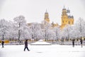 People enjoying the Odeonsplatz in Munich , Germany, during the snow storm