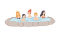 People enjoying outdoor jacuzzi, men and women relaxing in hot water in bath tub vector Illustration on a white