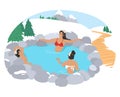 People enjoying outdoor thermal spa water pool in winter. Mountain onsen, japanese natural hot spring resort, vector. Royalty Free Stock Photo