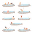 People enjoying outdoor thermal spring set, men and women relaxing in hot water in bath tub, spa procedure vector Royalty Free Stock Photo