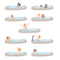 People enjoying outdoor thermal spring set, men and women relaxing in hot water in bath tub vector Illustration on a Royalty Free Stock Photo