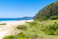 People enjoying the sunny weather at Pebbly Beach, a popular camping area with great surfing beach and bush walks within Royalty Free Stock Photo