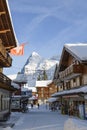 People enjoying sunny winter day in mountain village Murren, Switzerland Royalty Free Stock Photo