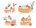 People enjoying russian steam bath, finnish sauna, japanese hot spring bath, flat vector isolated illustration