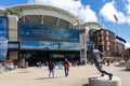 People entering at the Adelaide Oval before an Australian football match, wearing clothes and equipment of the Adelaide Crows team Royalty Free Stock Photo