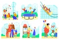 People in entertainment park vector illustration set, cartoon flat active family character have fun, park attraction Royalty Free Stock Photo
