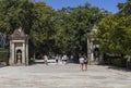 People at the entrance to the Alameda Park, a landmark in Santiago de Compostela, Spain.