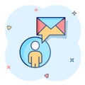 People with envelope icon in comic style. Email receive cartoon vector illustration on white isolated background. Message splash