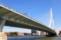 People upon Erasmusbridge in dutch city of Rotterdam