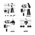 People everyday activities flat line black white vector characters