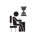 Examing, test, writing man at desk black vector concept icon. Examing, test, writing man at desk flat illustration, sign