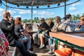 Russia, Lake Ladoga, August 2020. Tourists on a pleasure boat in the middle of the lake.