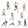 People exercise. Person city girl boy, man and young woman running physical activity isolated flat vector set