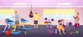 People exercise in sport gym, workout with fitness equipment. Cartoon training club interior with men and women working Royalty Free Stock Photo