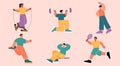 People exercise, sportsmen characters in gym set