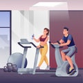 People exercising in fitness gym. Room with sport equipment for workouts vector illustration. Woman walking on treadmill Royalty Free Stock Photo