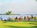 People exercising in a park along the river, background, wallpaper, sky