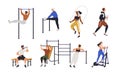People exercising. Street workout, outdoor gymnastics set. Characters doing sport, gym, stretching training with fitness Royalty Free Stock Photo