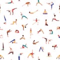 People exercising yoga vector seamless pattern. Yogis in poses, athletes, men and women practicing asana texture