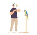 People and Exotic Pets Concept. Young Male Character with Different Parrots. Owner Spend Time with Tropical Birds