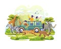 People explore the savanna in a vehicle on World Animal Day. Animals on the planet, Wildlife Day with the animals. Flat Vector