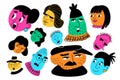 People face. Portrait unique funny men and women. Symbol quirky, modern flat cartoon expression, cool abstract bright Royalty Free Stock Photo