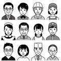 people faces, different jobs and occupations, vector illustration set, black and white illustration 02