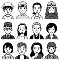 people faces, different jobs and occupations, vector illustration set, black and white illustration 03