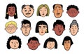 People Faces Doodle Set. Hand drawn avatars sketch. Different races, emotions, ages, male and female portraits Royalty Free Stock Photo