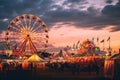 people on the fairground at sunset, colorful summer carnival at dusk, AI Generated Royalty Free Stock Photo