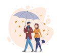 People in fall, enjoying autumn activity. Couple walking together with an umbrella in rain and falling autumn leaves. Royalty Free Stock Photo