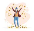 People in fall, enjoying autumn activity. Happy girl is jumping and throwing playing autumn leaves up. Fall and flying of leaves Royalty Free Stock Photo