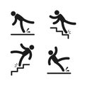 People falling. Person slipping on wet floor, falling down stairs, drop from altitude. Simple black silhouette