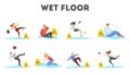 People falling on the wet floor set. Caution sign Royalty Free Stock Photo