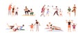 People, families exercising, playing together. Parents-children workouts set. Mothers, father, kids doing sports