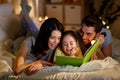 Happy family reading book in bed at night at home Royalty Free Stock Photo