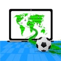 People fan football global and soccer field on notebook with soccer ball move out from screen,.