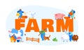 People on Farm Doing Farming Job Concept. Farmer Characters Feeding Domestic Animals and Birds, Milking Cow Royalty Free Stock Photo