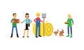 People Farmer Characters Gathering Agricultural Crops and Feeding Hens Vector Illustration Set