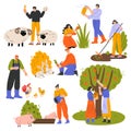 People Farmer Characters at Work Feeding Livestock and Harvesting Vector Set