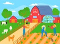 People farmer work at agriculture plant farm, man woman character farming gardening concept vector illustration. Organic Royalty Free Stock Photo