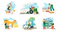 People farming vector illustration set, cartoon flat farmer characters working in farmland field or gardening, feeding Royalty Free Stock Photo