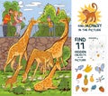 People feed giraffes at the zoo. Find 10 hidden objects